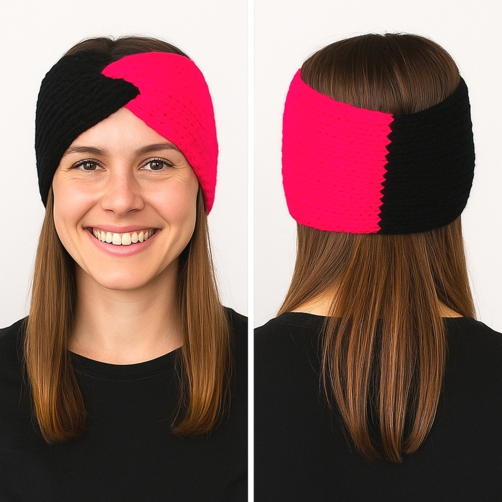 Handcrafted Neon Pink Black Twist Headband